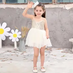 Для маленьких девочек Костюмы довольно элегантный одежда принцессы платье кружево с золотыми пайетками слинг белый платье-пачка для