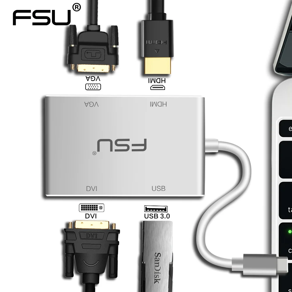 

HD 1080P USB C HDMI Adapter Thunderbolt 3 type-c to VGA DVI Converter Multi-function USB 3.0 for Macbook Computer Tablet Monitor