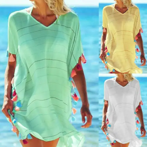 Женское летнее Повседневное платье с кисточками, Пляжное платье с коротким рукавом, свободный сарафан, купальный костюм, пляжная одежда для женщин