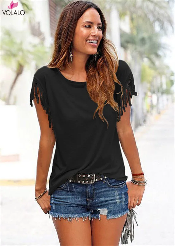 

Plus Size 5XL Women Tops And Shirts 2019 Summer Top Female Casual Loose Tassel Cotton t shirt Short Sleeve Solid O-neck Shirts