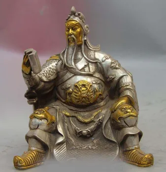 

China White Copper Silver Dragon Guan Gong Yu Warrior Buddha Read Book Statue SD 506