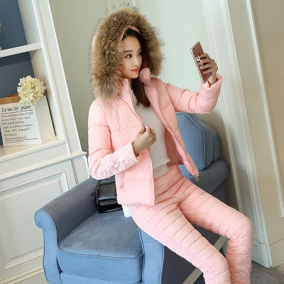 Зимняя куртка женская одежда комплект одежды из хлопка для отдыха комплект из 2 предметов с меховым воротником и капюшоном+ длинные штаны Модное теплое пальто - Цвет: pink