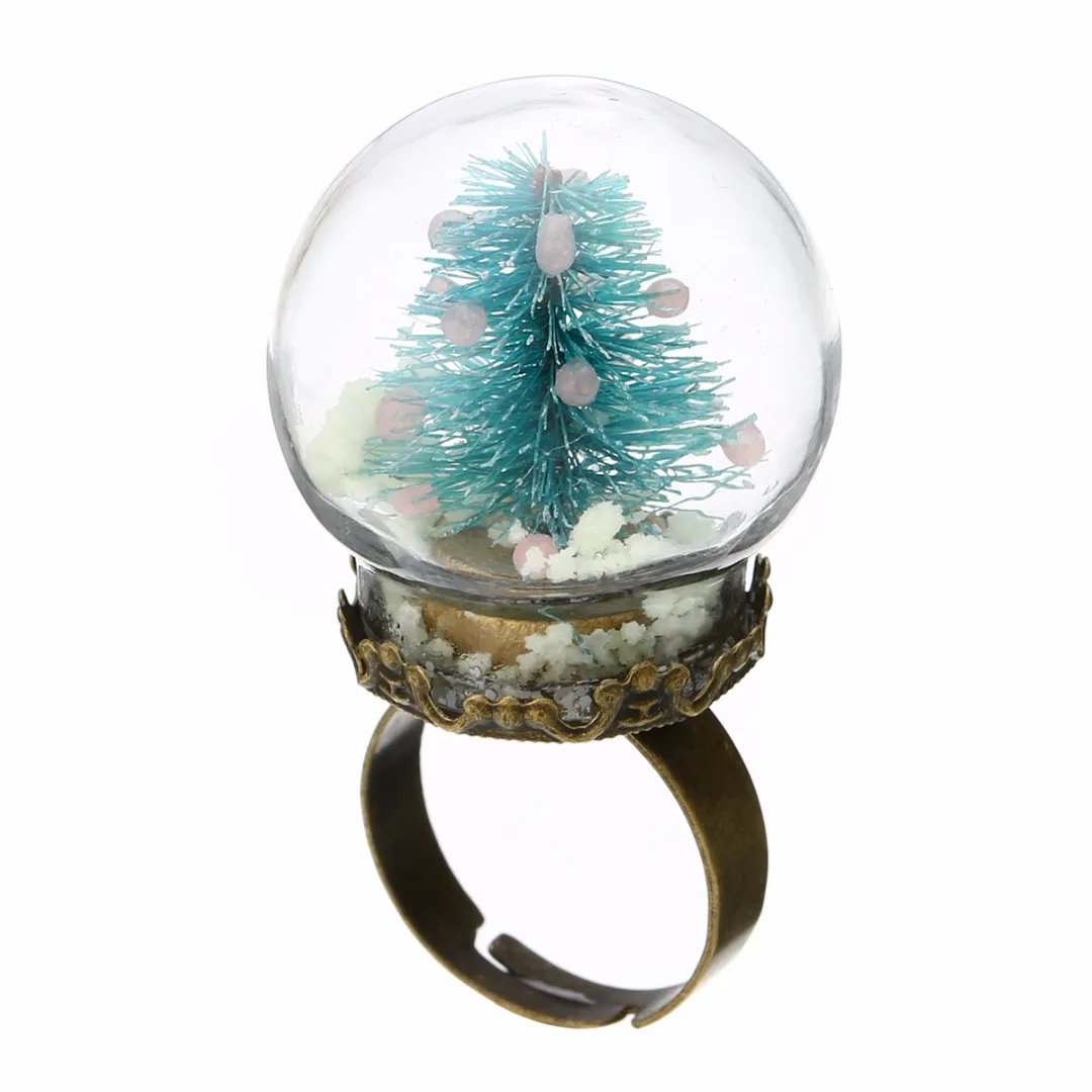 Shellhard Luminous Xmas Rings Shellhard Christmas Tree Glass Snowball Glow In The Dark Finger Ring For Women Men Jewelry
