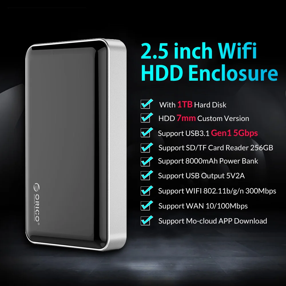 ORICO 2,5 дюймов Wifi HDD корпус частный HDD Облачное хранилище Поддержка SD/TF карта Автономное Резервное копирование 8000 мАч Внешний аккумулятор USB3.1 Gen1/2 - Цвет: Including 1TB HDD
