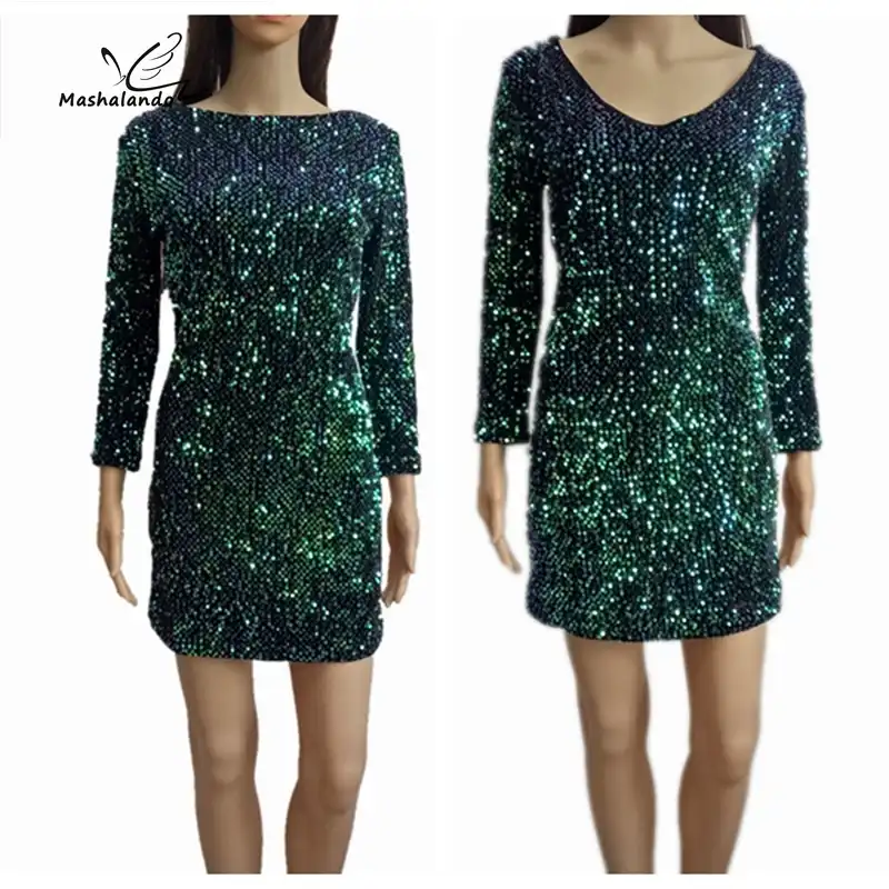 green iridescent long sleeve sequin bodycon dress