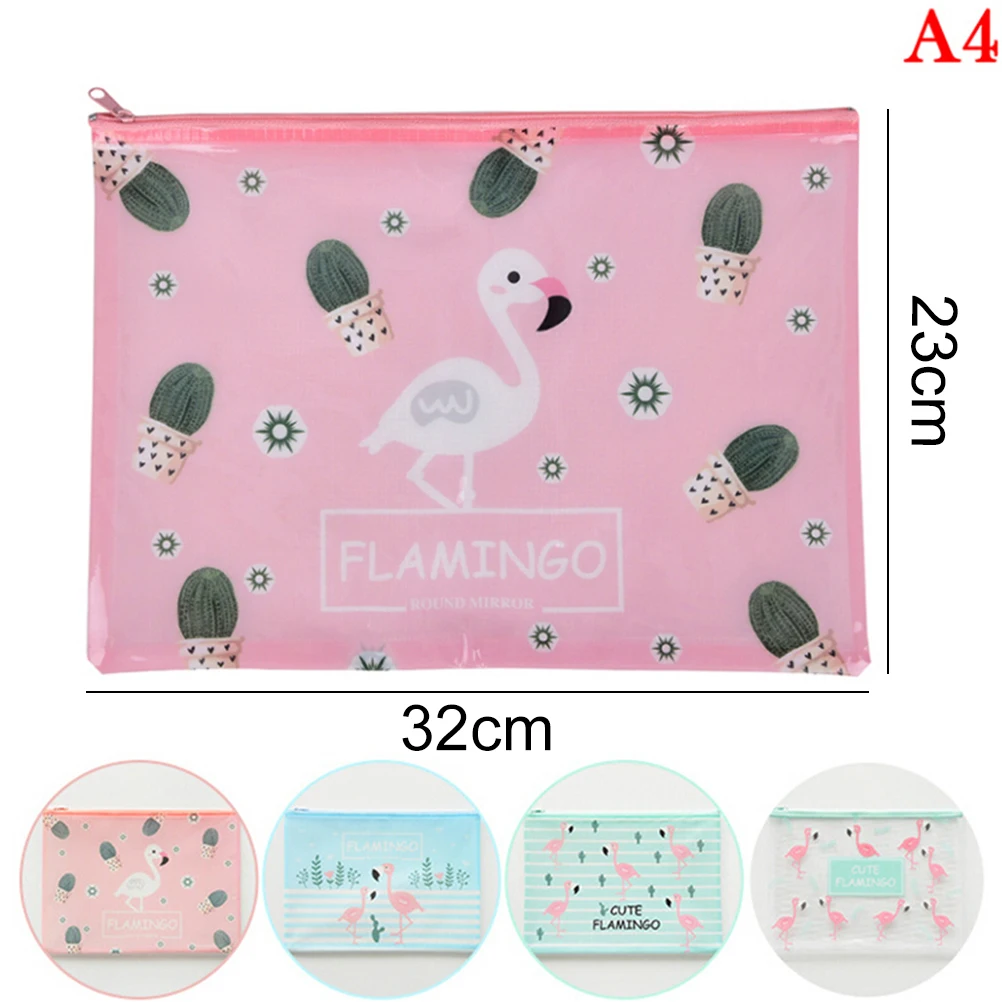 

Flamingo Bird Green Cactus A4 File Bag Mesh Bag Document Bag PVC File Folder Stationery Filing Production