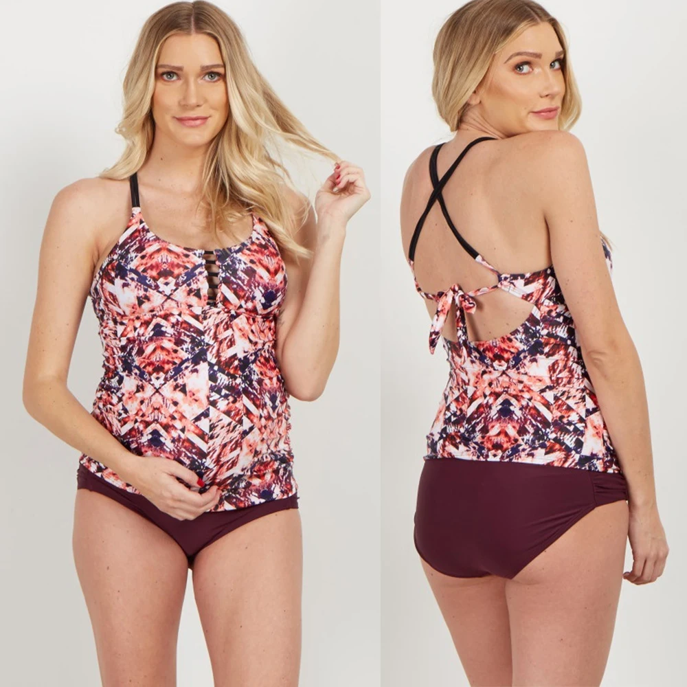 Gradient Front Hollow Strap Maternity Tankinis Women Solid  Bikinis Two Pieces Halter Pregnant Maillot de bain femme Swimwear Wo