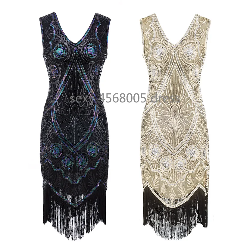 

Femme 1920s Great Gatsby Flapper Sequin Fringe Embroidery Midi Dress Summer Art Deco Retro Black Dress Women Party Dress Robe