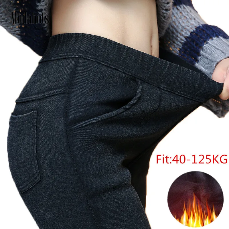 Goedkoop Plus Size Winter Vrouwen Leggings Dik Fluwelen 6XL Denim Jeans Jeggings Legging Grote Zwarte Stretch Warm Skinny Potlood Broek