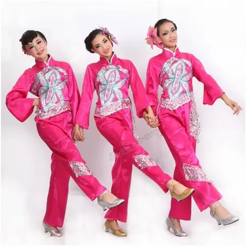 (096) sequined Embroidery Chinese national dance costumes square yangko fan dance costumes stage performance clothing drum wear