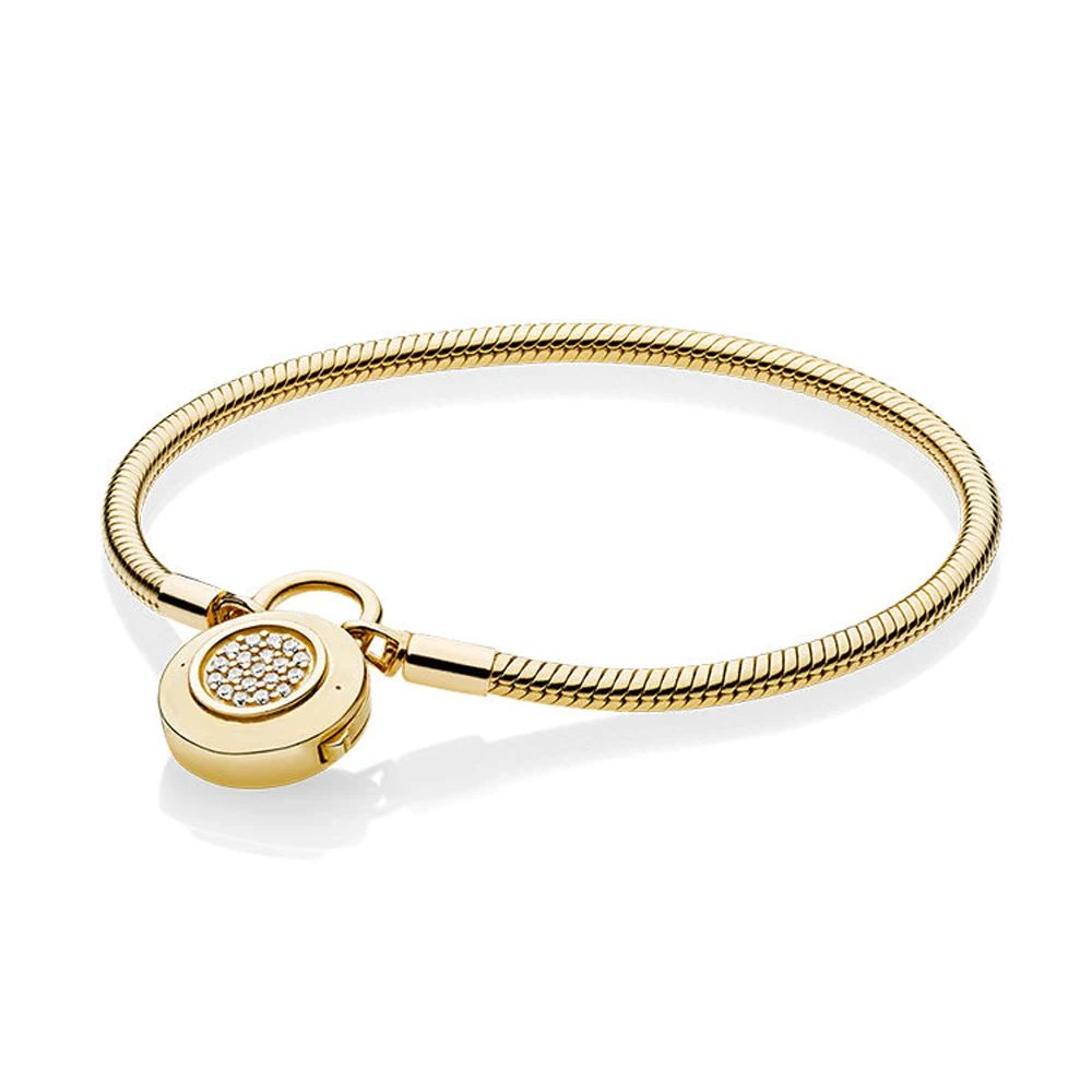 

NEW 2018 NEW 100% 925 Sterling Silver Smooth Shine Gold Bracelet Signature Padlock Clear CZ Charm Lock DIY Bead Jewelry