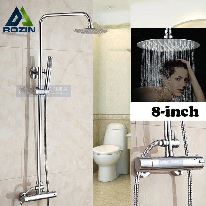 

Chrome Rainfall 8" Ultrathin Round Shower Head Ajust Height Thermostatic Shower Mixer Faucet with Handheld Shower