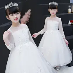 2019 осень-зима для девочек белый Цвет элегантное кружевное платье принцессы для Свадебная вечеринка подростков детская бальная фортепиано