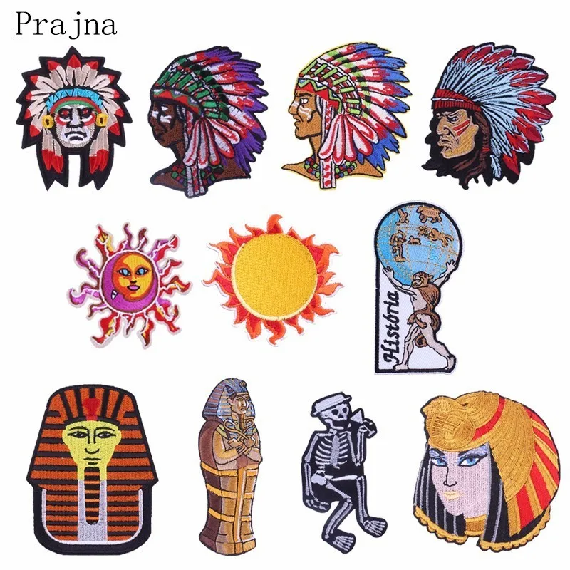 

Prajna Skull Indian The Pharaohs Of Egypt Embroidery Patch Sun Iron On Patches Badge For DIY Jacket T-shirt Decor Accessories E