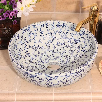 

Blue and white rose Europe style chinese washbasin sink Jingdezhen Art Counter Top ceramic bathroom sink tops bathroom sinks