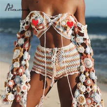 Sexy V Pescoço Top curto Mulheres Verão 2019 Handmade Crochet Manga Comprida Beach Wear Cover Up Vestido Oco Out Beachwear femme Túnica(China)