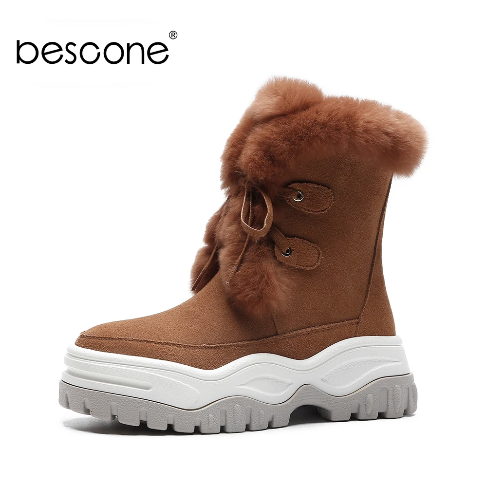 

BESCONE Fashion Boots Women Round Toe Ankle Boots Wool Blend Handmade Med Heel Comfortable Winter Warm Casual Woman Shoes BO271