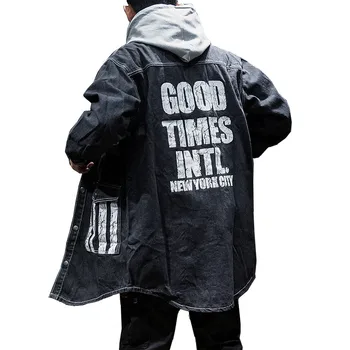 

Men's Spring Black Denim Washed Jacket Letter Print Pattern Trendy Street Loose Long Cowboy Handsome Plus size Asian Size 5XL