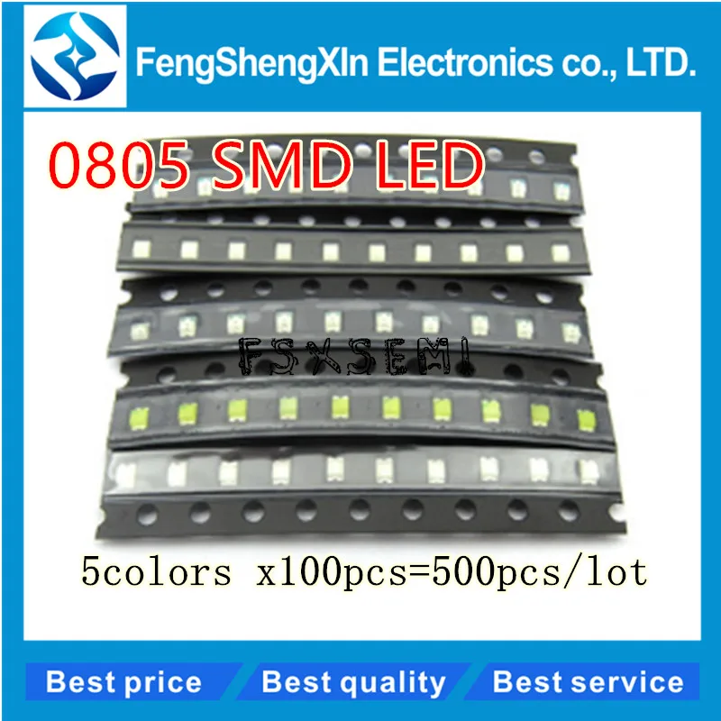 500 шт./лот Новый 0805 SMD LED красный/зеленый/синий/желтый/белый 5 значения цветов каждый 100 шт