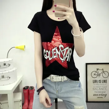 

Long Sleeve Cotton T-shirt Spring Summer Women Basic Tops Sequined Five-pointed Star O Neck Female Top Tees Slim Woman T Shirt