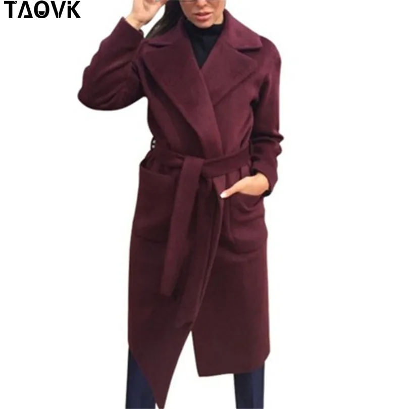 TAOVK de mujer chaquetas y abrigos medio-largo cinturón lana y mezclas abrigo de giro-abajo Collar de Color sólido bolsillos Parka - 1