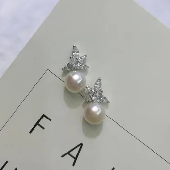 

HRina Cute White Color Real Natural Freshwater Pearl Earrings S925 Sterling Sliver Flowers Crystal Stud Earrings Wholesale