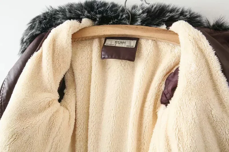 Зимние женские теплые пальто со съемным меховым воротником Куртка из искусственной кожи флисовая куртка на молнии с карманами и отложным воротником женская уличная одежда