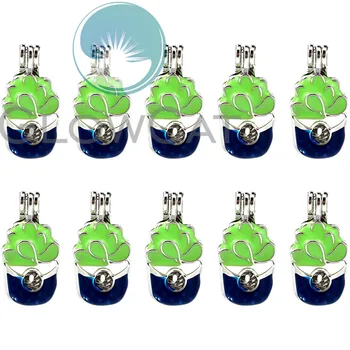 

Colors Enamel Green Potted Plant Beads Cage Perfume Essential Oil Diffuser Pearl Cage Locket Pendant 10x K992