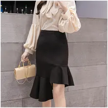 Офисные женские черные юбки с оборками плюс размер облегающая юбка черная элегантная Асимметричная юбка с подолом для женщин