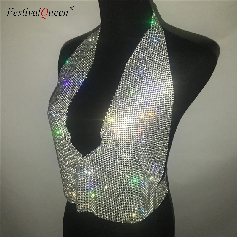 FestivalQueen lady rhinestone party backless tops sexy women summer glitter crystal diamonds crop top beach nightclub