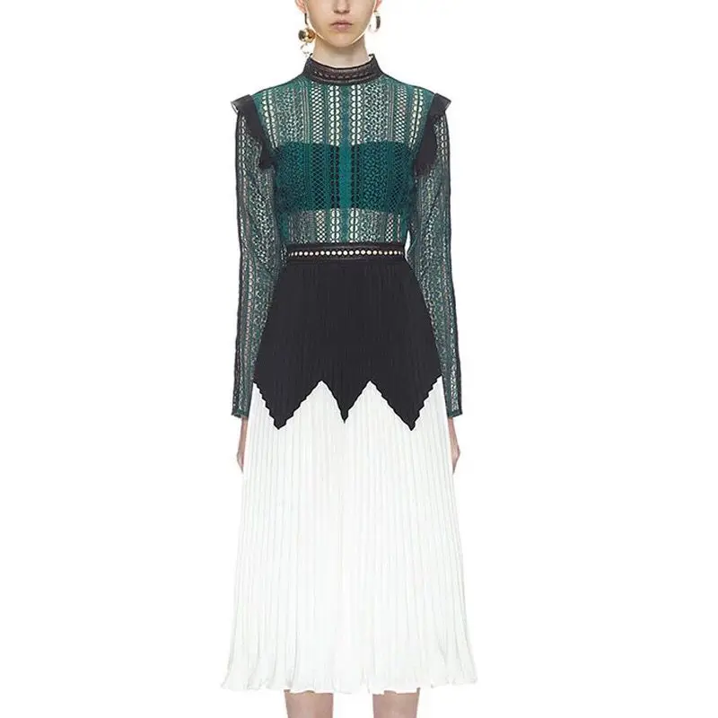

2019 New Runway Self Portrait Elegant Women See Though Long Sleeve dress Pleated Lace Chiffon Long Midi women Dresses vestidos