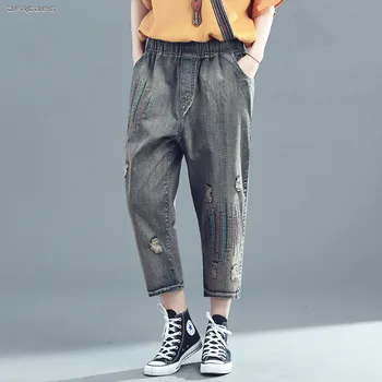 

New Arrivals Autumn Embroidery Vintage Ripped Jeans Woman Streetwear Boyfriends Capris Ladies Denim Straight Pants Female