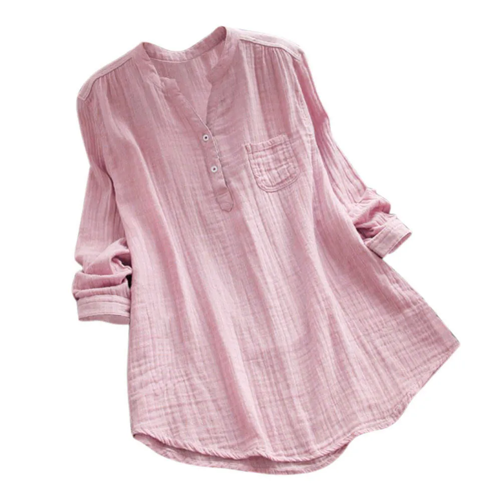 Женские рубашки размера плюс со стоячим воротником, повседневные топы с длинным рукавом, женские летние свободные топы-туники, топы больших размеров/PY - Цвет: Розовый