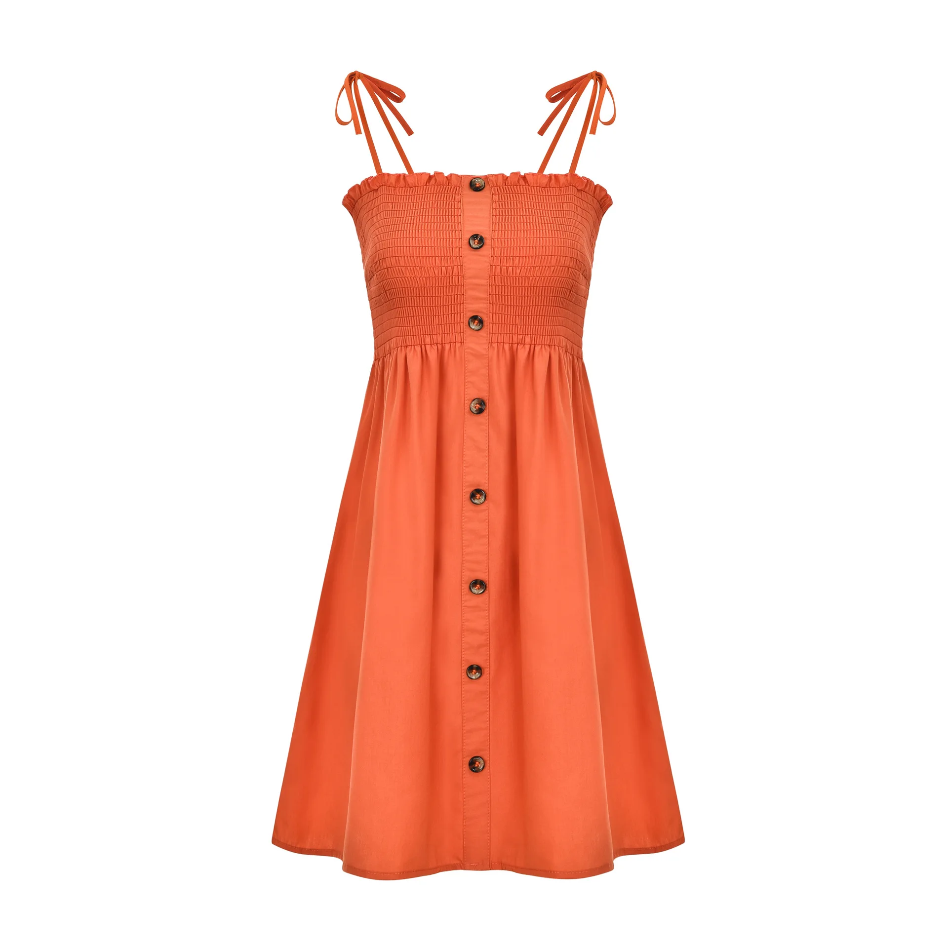 

Sexy Spaghetti Strap Wooden Ear Wrap Breast Button A-Line Dress Summer Casual Solid Color Sexy Dress