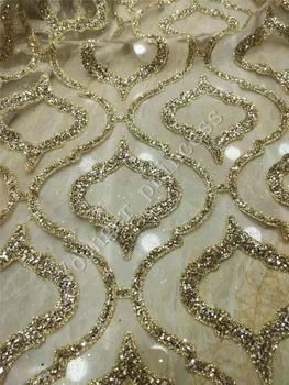 

YG-174 pretty 5 yards glitter mesh material with sequins for evening dress special glued glitter lace fabric in gold color