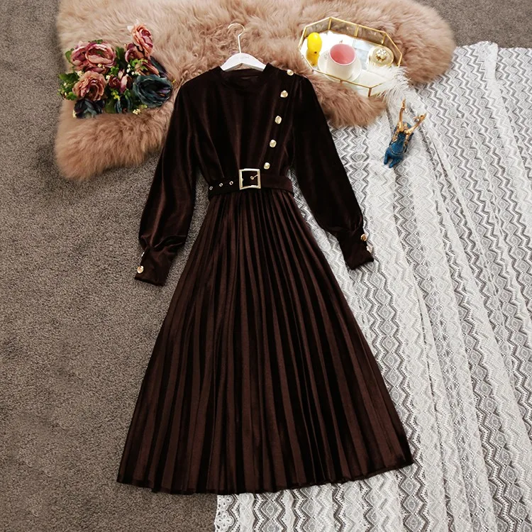 Осенне-зимнее Новое Женское бархатное плиссированное платье с круглым вырезом и длинными рукавами, женский пояс однотонного цвета, элегантные платья с поясом
