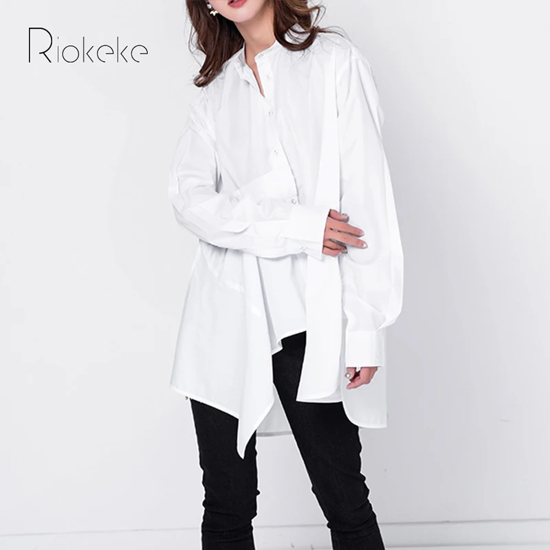 Riokeke нерегулярные Дизайн Для женщин рубашка белая блузка S Топы корректирующие и