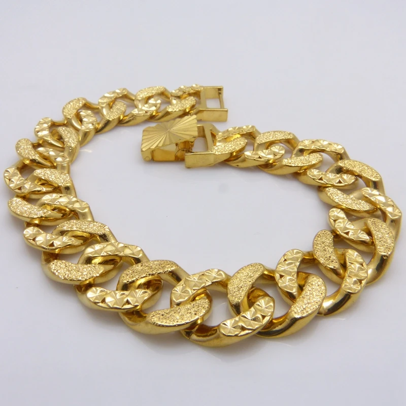Резной широкий браслет цепь желтое золото заполненный мужской браслет цепь 8," длинный