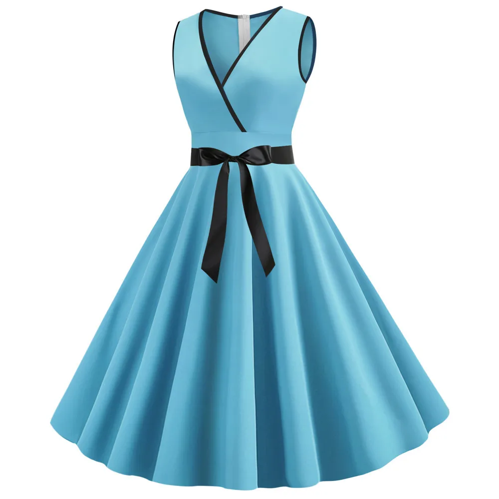 LAUZUOLA Light Blue Pink Pleated Vintage Dress Women Sexy Sleeveless V Neck Retro 50s 60s Pinup Swing Summer Dresses Solid