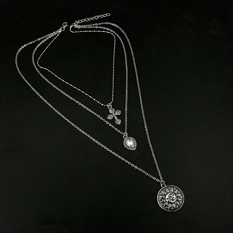 KMVEXO Мода 3 слоя серебра с крестообразной головкой Цепочки и ожерелья для Для женщин браслеты с подвесками в виде капли воды богемные Короткие колье ожерелье Женская Праздничная обувь ювелирные изделия
