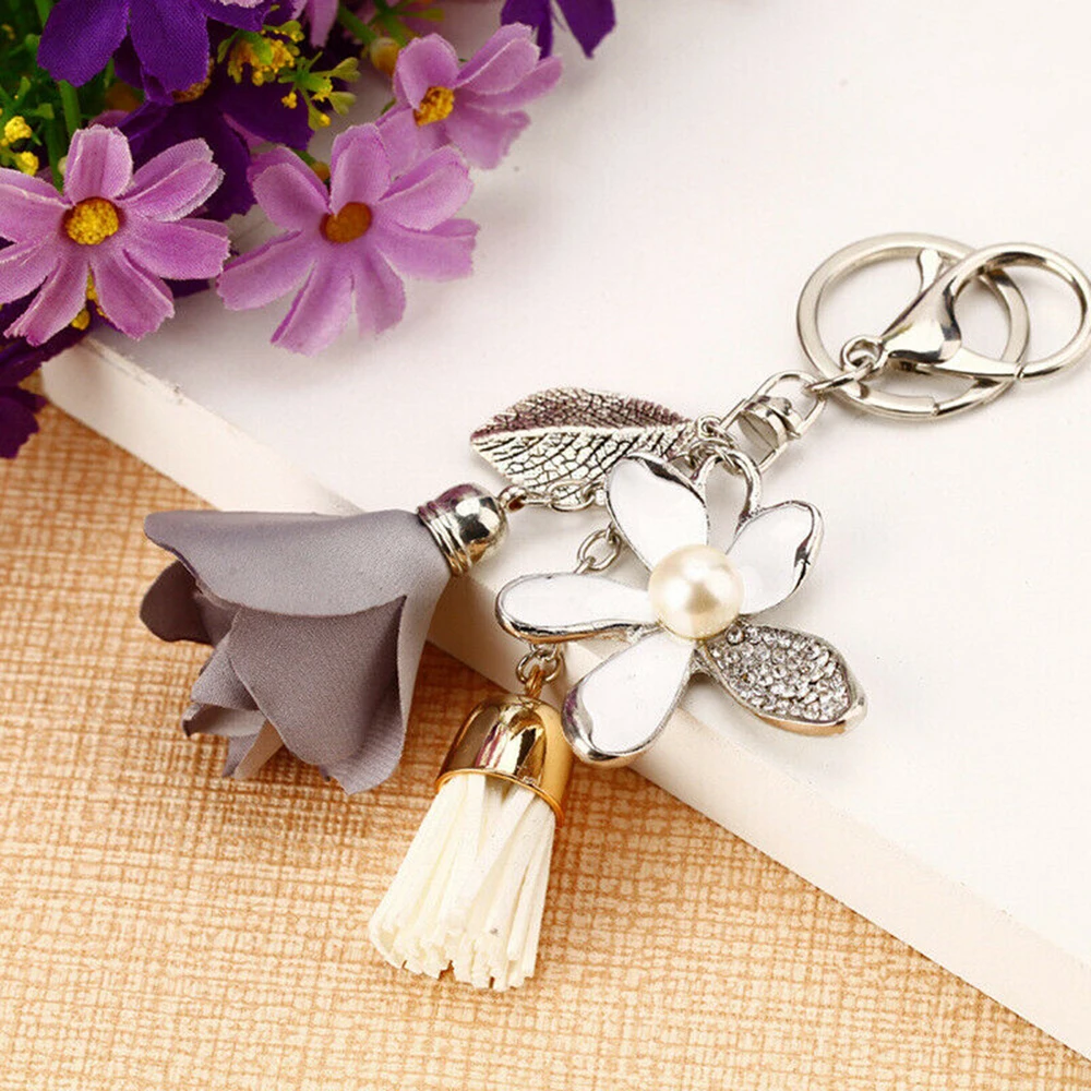 

Chain Keychain Charm Cloth Flower Key Ring Creative Charm Flower Key Chiffon Tassel Car Key Chains Lady Couple Bag Ornaments