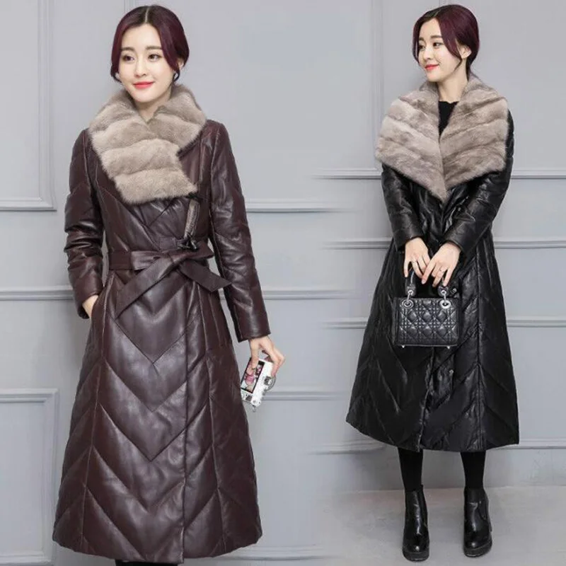 2018 Women Winter Leather Down Jacket New Big Fur Collar Faux Leather Slim Long Duck Down Coat Elegant Women Overcoat Plus Szie