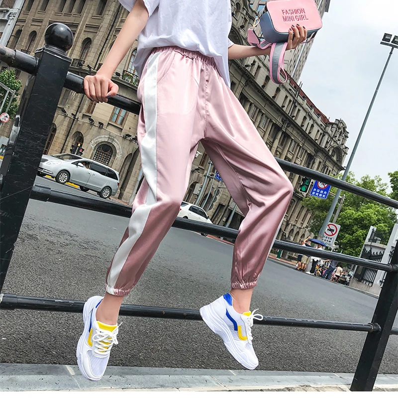 Arfreeker Harajuku Хип Хоп карго блестящие штаны для женщин уличный стиль Pantalon Femme Высокая талия Jogger Sweatpant розовый фиолетовый брюки