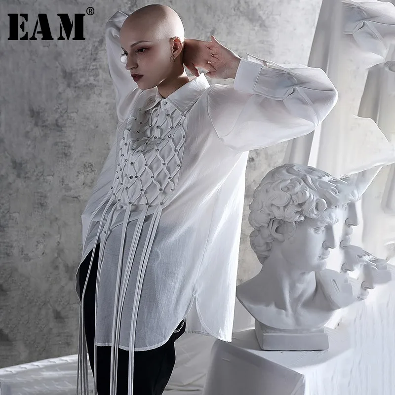 

[EAM] 2019 New Autumn Winter Turn-down Collar Long Sleeve Thin Tassel Brief Personality Shirt Women Blouse Fashion Tide JX704