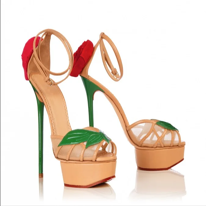 Sweety Women Ankle Strap Sandals Red Flower Peep Toe Platform Shoes Thin Stilettos Extremely High Heels