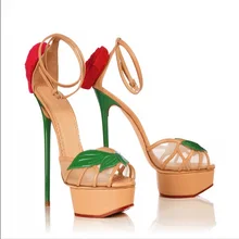 Sweety Women Ankle Strap Sandals Red Flower Peep Toe Platform Shoes Thin Stilettos Extremely High Heels Sandals Summer Pumps