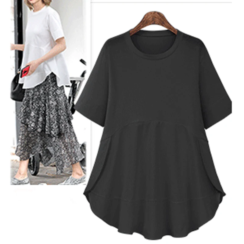 

New Plus Size 5XL Women Tops 2019 Summer Patchwork O-Neck Tees Fake Two Piece Pullover Short Sleeve Ladies T-Shirts Loose Tops