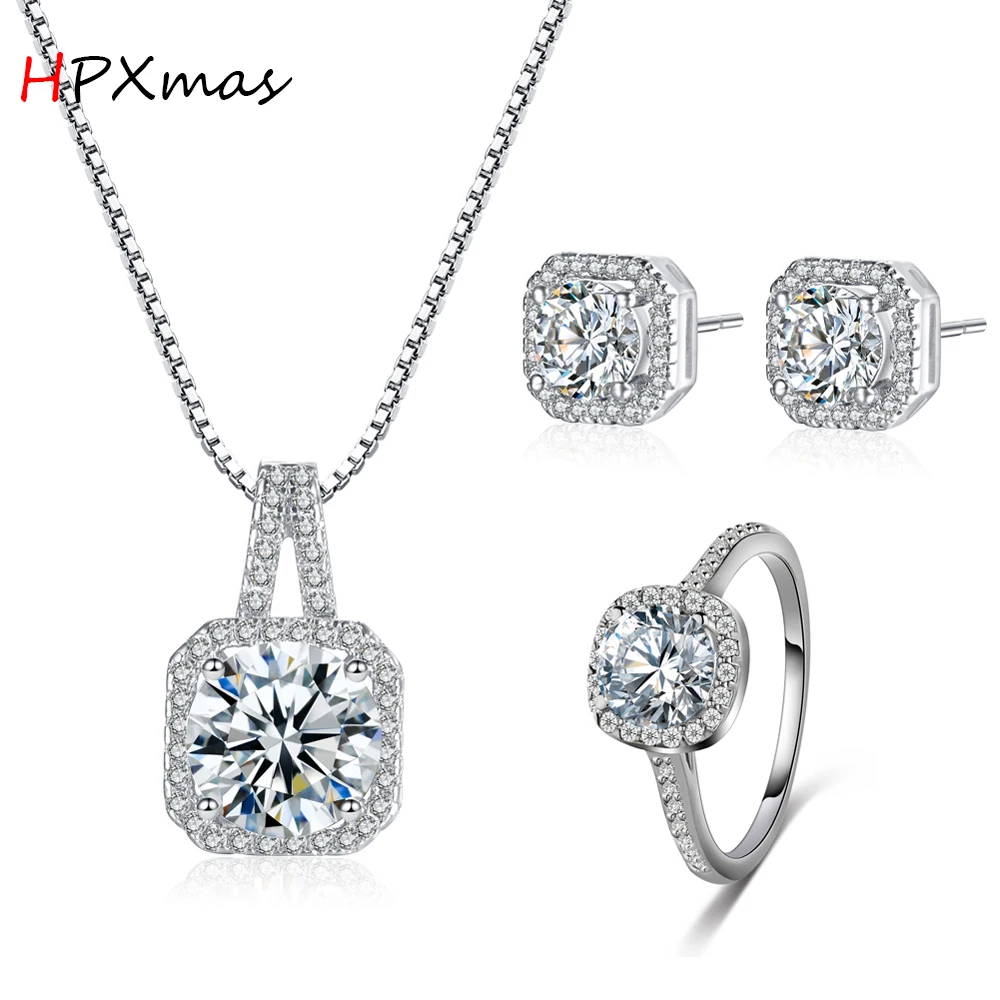 

HPXmas Classic Fashion Cubic Zirconia Earrings Ring Crystal Stone Pendant Necklace Jewelry Sets for Women Wedding Gift A89