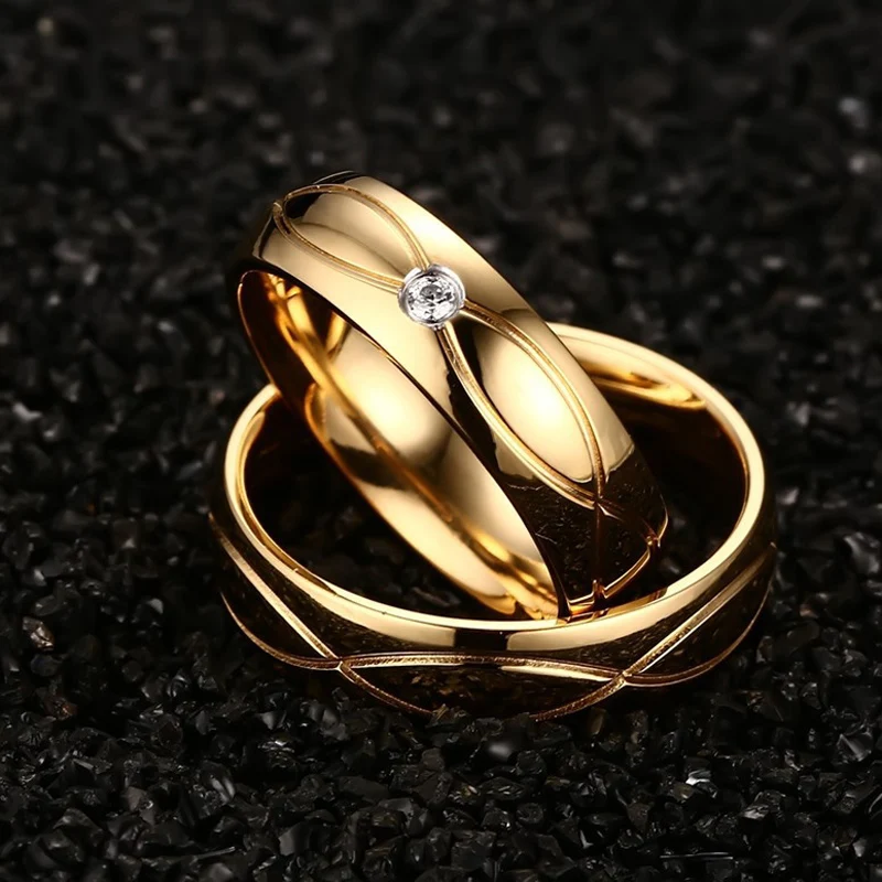 Обручальное кольцо из нержавеющей стали 6 мм без выцветания, для влюбленных, IP, золотого цвета, циркониевые кольца для пар, набор для мужчин и женщин, обручальное кольцо