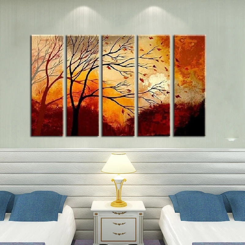 

5Pcs/lot Stretched On Wooden Pure Hand Painted Modern Style Home Decor Autumn Tree Landscape Abstract Oil Paintings